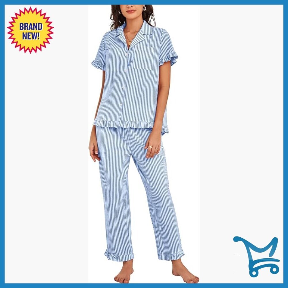 Cotton Pajama Set Button Down Top Ruffle Pants 2-Piece Sleepwear Loungewear